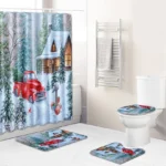Set De Baño Navideño 4 Piezas (1 Cortina, 1 Funda Inodoro & 2 Tapetes)