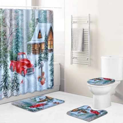 Set De Baño Navideño 4 Piezas (1 Cortina, 1 Funda Inodoro & 2 Tapetes)