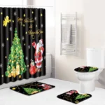 Set De Baño Navideño 4 Piezas (1 Cortina, 1 Funda Inodoro & 2 Tapetes)