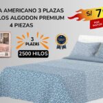 SABANA AMERICANO 3 PLAZAS 2500 HILOS ALGODON PREMIUM 4 PIEZAS