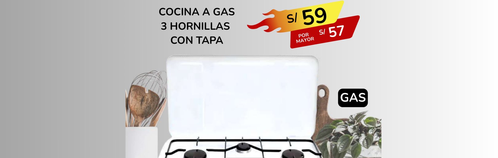 COCINA A GAS 3 HORNILLAS CON TAPA COCINA A GAS 3 HORNILLAS CON TAPA - Imagen 1